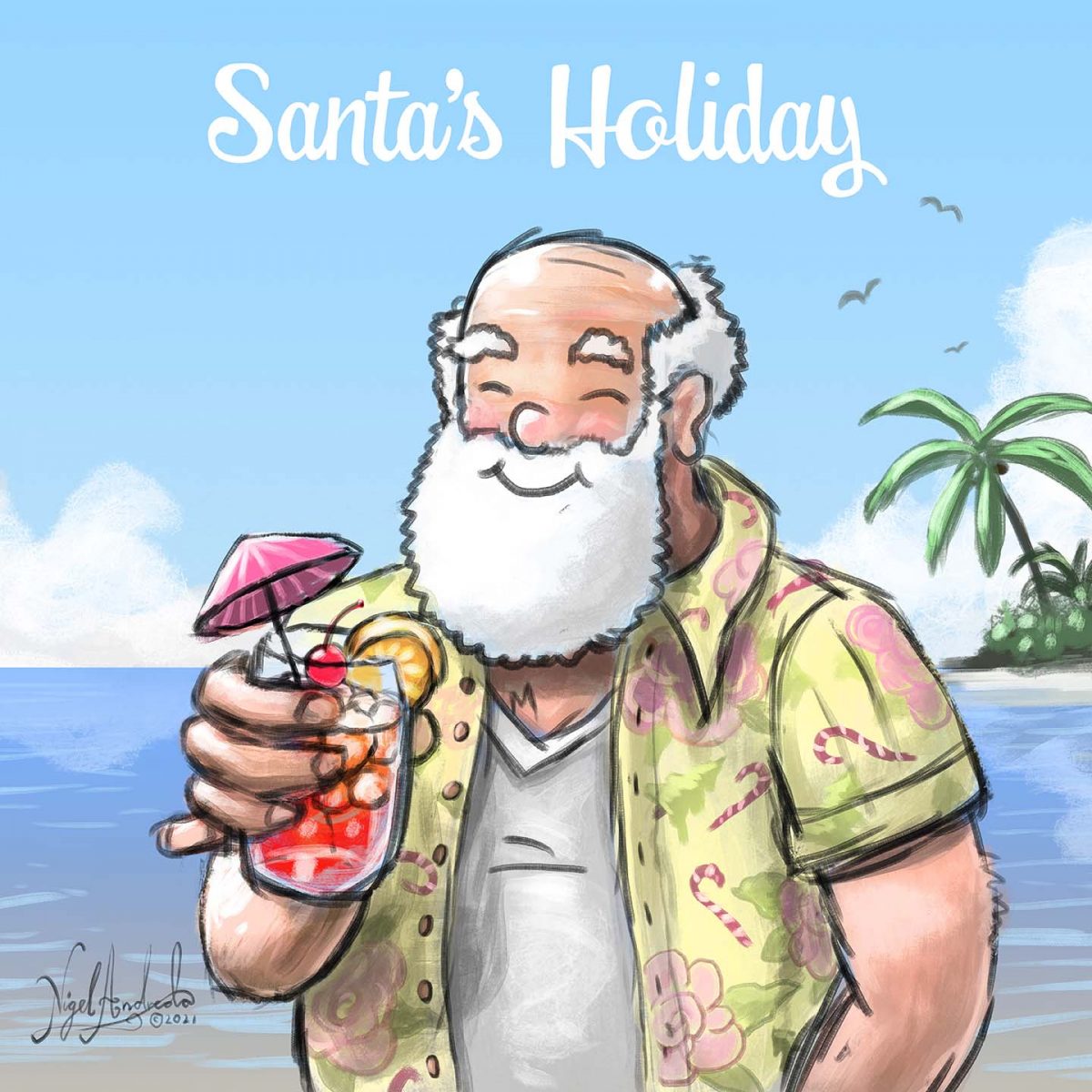 Santa's Holiday by Nigel Andreola - Santa on a tropical beach holding a Shirley Temple drink