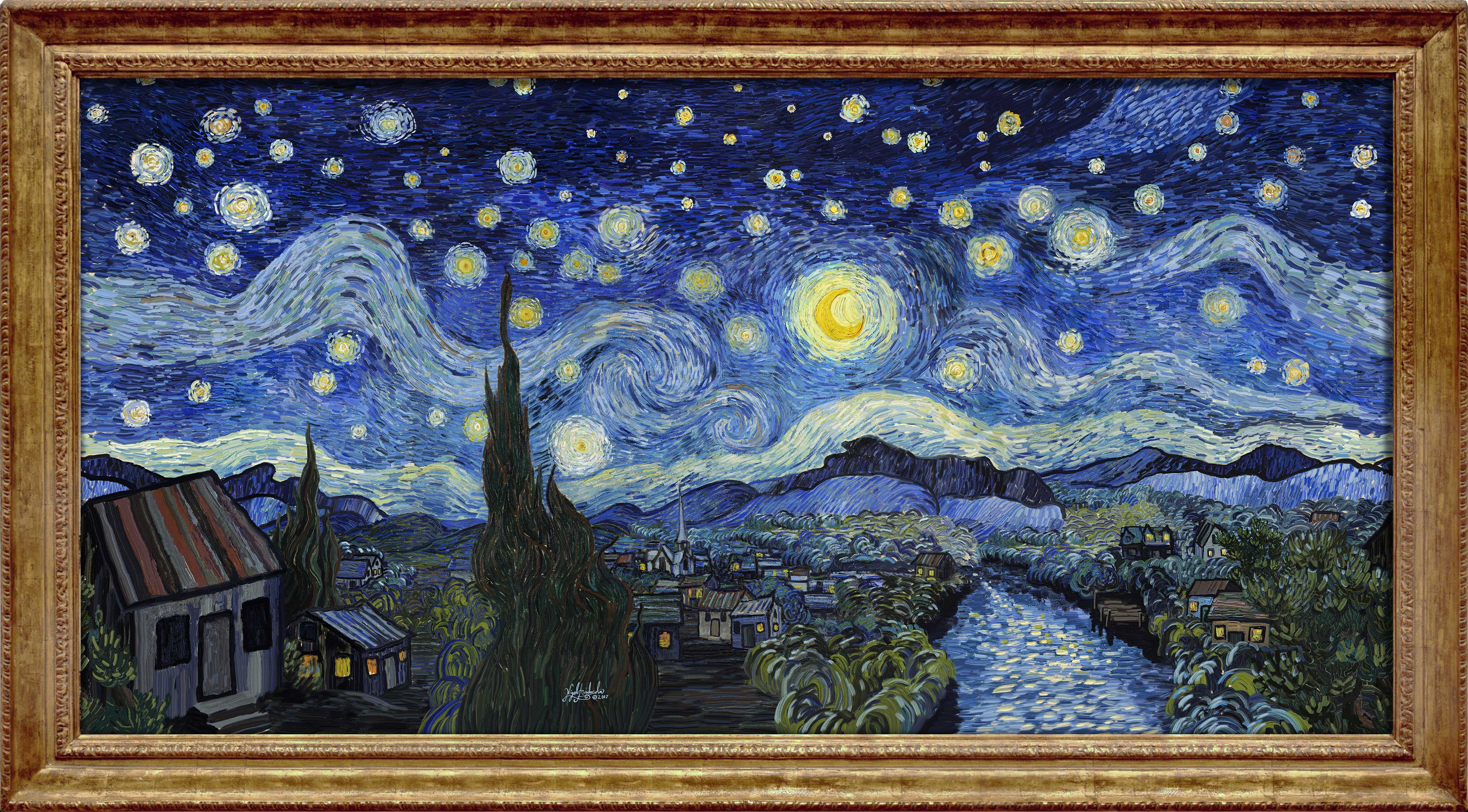 Van Gogh’s Starry Night has captured the imagination of countless millions. It has become one of the most popular fine art pieces of our generation.
Here at Starry Night Media Van Gogh and his bold colorful paintings are the inspiration behind our marketing approach. We planned to use his famous painting as our website background. Its square aspect did not nicely fill the displays of most contemporary devices. We employed artist Nigel Andreola to match the impasto technique used by Van Gogh and expand his work in a way no other has yet equaled.