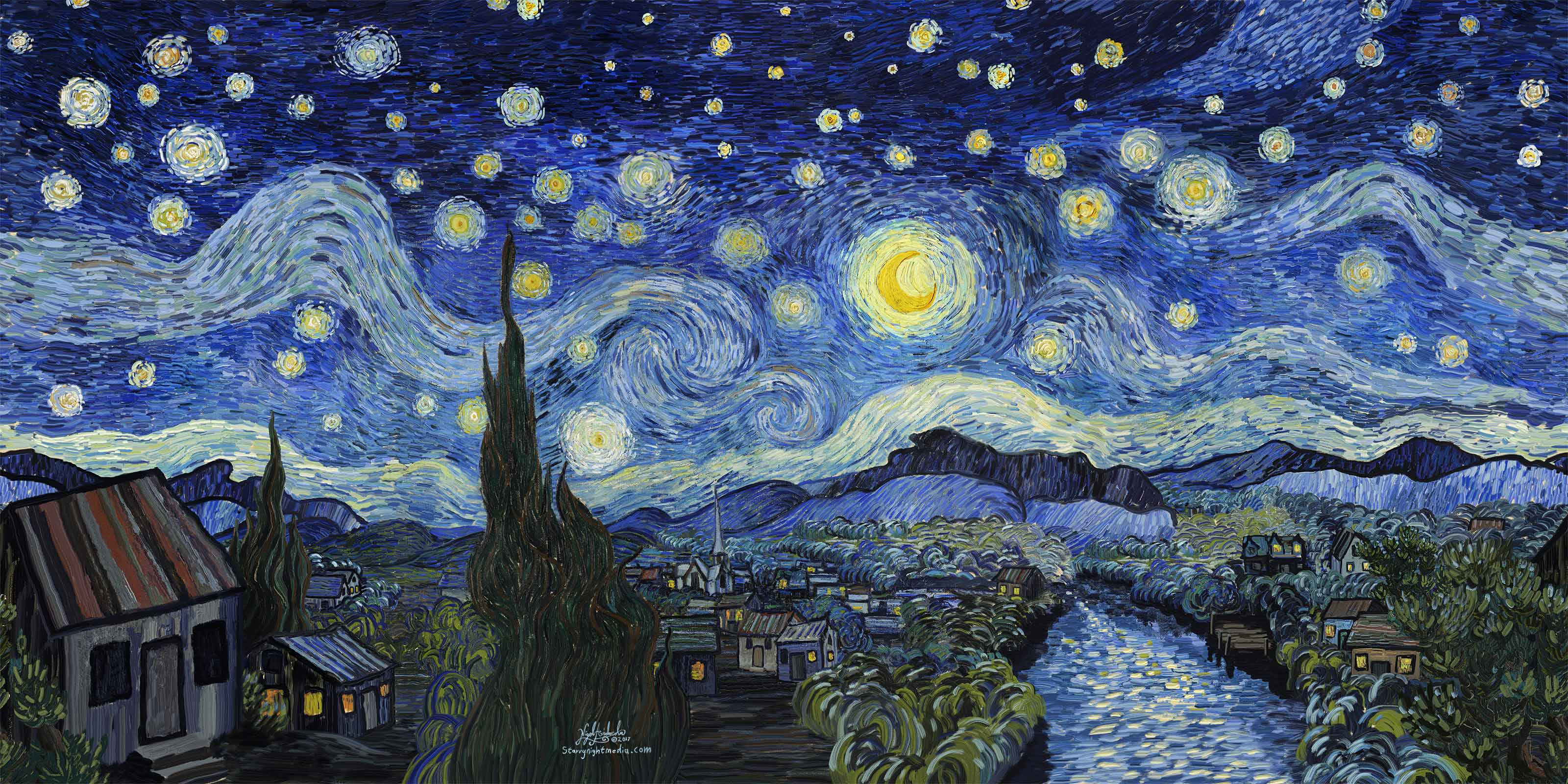 Starry Night By Van Gogh and Nigel Andreola. Van Gogh’s Starry Night has captured the imagination of countless millions. It has become one of the most popular fine art pieces of our generation. Here at Starry Night Media Van Gogh and his bold colorful paintings are the inspiration behind our marketing approach. We planned to use his famous painting as our website background. Its square aspect did not nicely fill the displays of most contemporary devices. We employed artist Nigel Andreola to match the impasto technique used by Van Gogh and expand his work in a way no other has yet equaled.